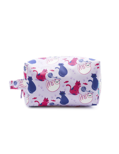 Neceser infantil de tejido lila con estampado de gatos de colores