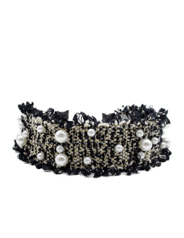 Diadema tweed negra con perlas