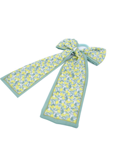 Coletero pañuelo lazo en tejido satinado verde con estampado de limones