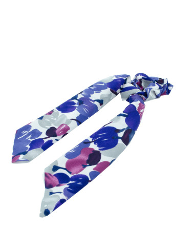 Coletero pañuelo en tejido con estampado floral en tonos azules, morados y rosas