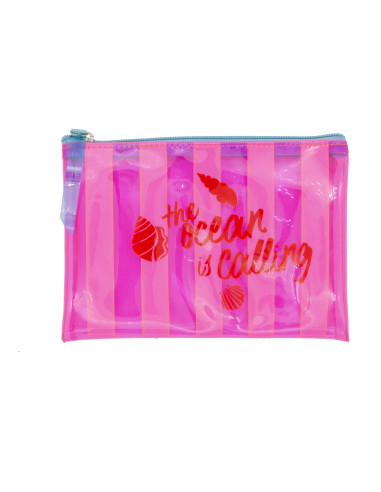 Cartera de plástico transparente a rayas en color rosa fluor y rosa con dibujo de conchas en rojo y cremallera azul