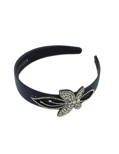 Diadema Ancha Tejido Raso Negro con Flor Decorativa con Cristales Pressume