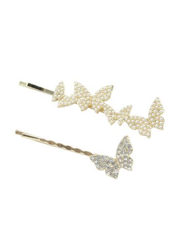 Pack de 2 Clips Dorados con Mariposas de Perlitas y Strass Pressume