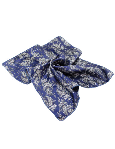 Turbante pañuelo en tejido tipo gasa en color azul y estampado cachemira en blanco y morado