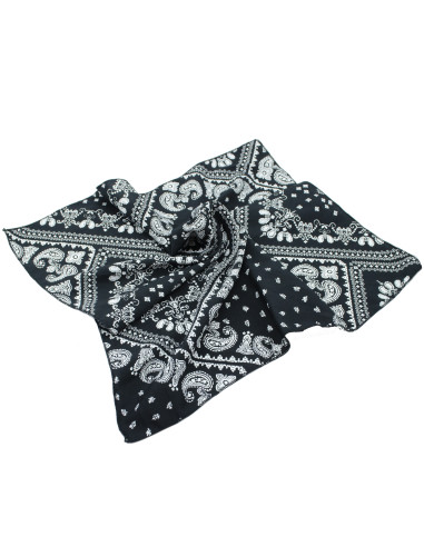 Turbante pañuelo en tejido tipo gasa en color negro y estampado cachemira en blanco