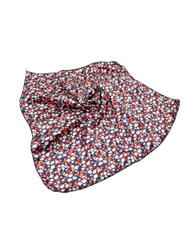 Turbante pañuelo en tejido satinado con estampado floral en azul oscuro, rojo y blanco