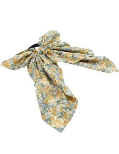 Coletero pañuelo con lazo en tejido viscoso y estampado floral en tonos amarillo, verde y azul