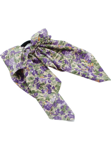 Coletero pañuelo con lazo en tejido viscoso y estampado floral en morado y verde