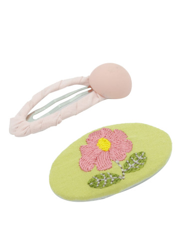 Pack de 2 clips medianos infantiles en tejido rosa nude con media bola y plano ovalado en color verde lima con flor en rosa