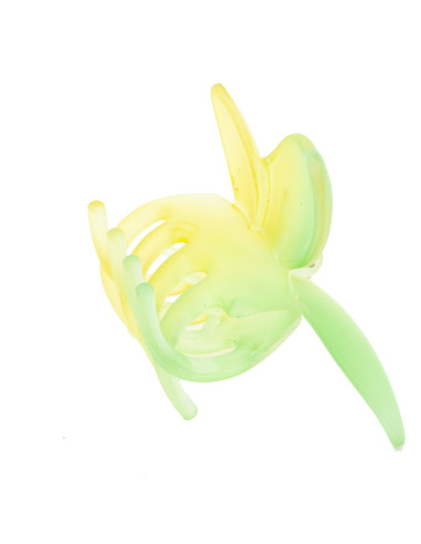 Pinza infantil grande translucida con forma de mariposa en tono verde y amarillo