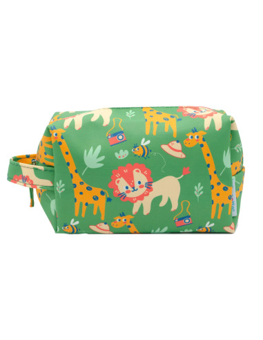 Neceser Infantil en Tejido Verde con Estampado Multicolor de Animales de Safari, Leones y Jirafas