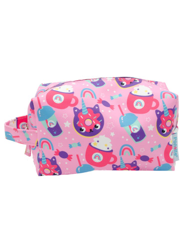 Neceser Infantil en Tejido Rosa Chicle con Divertido Estampado Multicolor de Donuts Gatito Unicornio, Tazas y Vasos con Pajita